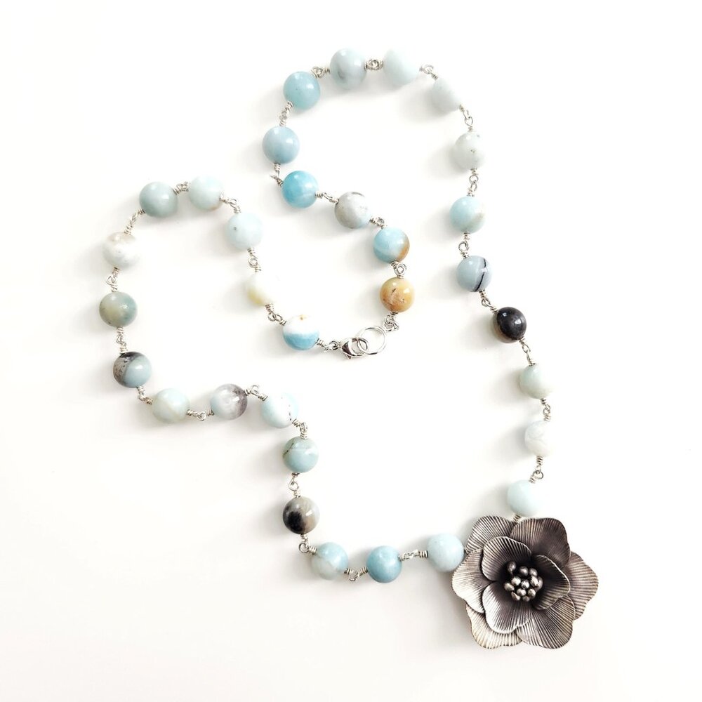 AMAZONITE NECKLACE W/ SILVER POPPY PENDANT--24"